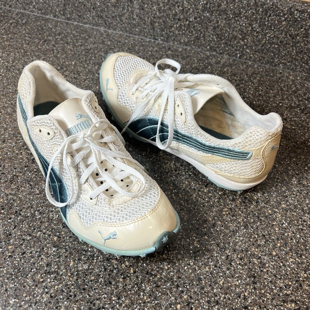 PUMA Women Sz 7 Running Sport Shoe Lace Up Low White Blue Synthetic/Mesh Sneaker